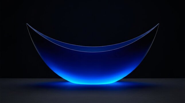 Glowing blue glass bowl on a dark background with a subtle light effect