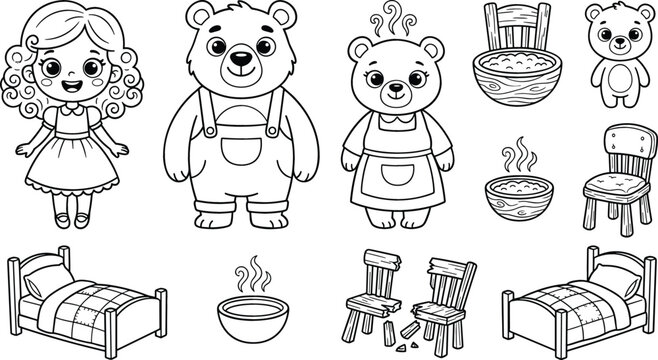 Goldilocks and the Three Bears Coloring Page Set Featuring Fairytale Characters Porridge Bowls Wooden Chairs and Beds for Kids Activity Sheets