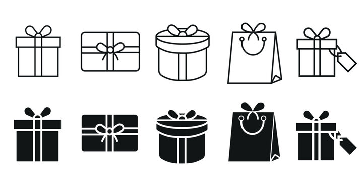 Assorted gift box and shopping bag icons showing various present packaging shapes with ribbons and tags in linear and solid black versions for retail branding designs.