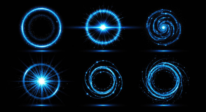A dark background showcases a collection of glowing, circular energy patterns. Each pattern emits bright blue light and intricate, swirling designs.