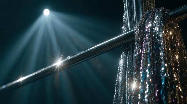 Polished silver aerialist bar with sequined costume draped over it, spotlight.