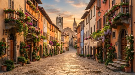 Fototapeta premium A picturesque cobblestone street lined with colorful buildings and vibrant flowers in a quaint European town at sunset
