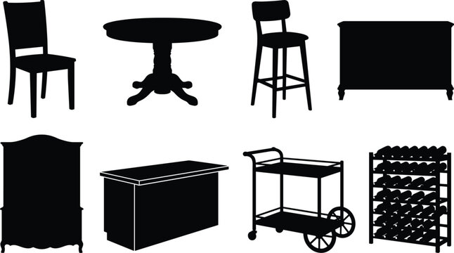 Dining and bar furniture black silhouettes set including chair round table barstool cabinet wardrobe serving cart and wine rack
