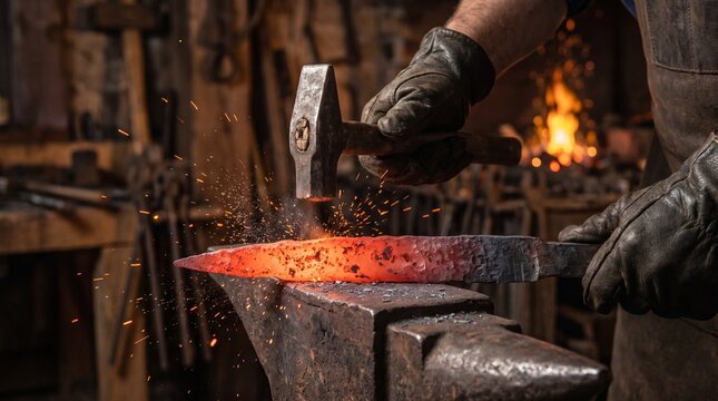 Blacksmith Forging a Glowing Hot Metal Blade on an Anvil with Flying Sparks