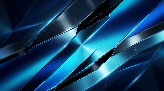 Vibrant blue and black abstract composition with shiny metallic surfaces