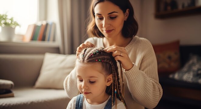 Woman braiding a young girl's hair.