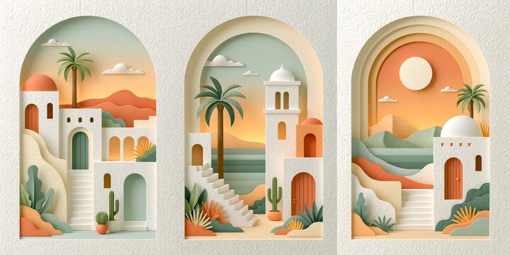 Minimalist paper craft triptych of a charming Tuscan townscape in a summer paradise. Layered paper illustration with warm Mediterranean charm, perfect for elegant wall art decor.