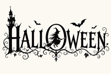 Obraz premium Halloween graphic design with witch, bats, and castle for spooky holiday
