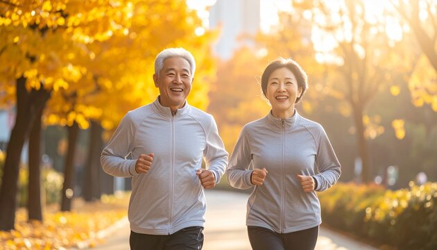 가을 햇살이 비치는 공원에서 활기차게 조깅을 즐기는 건강한 시니어 부부