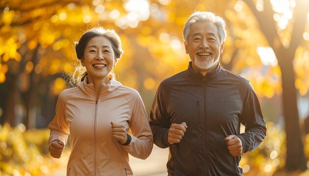 가을 햇살이 비치는 공원에서 활기차게 조깅을 즐기는 건강한 시니어 부부
