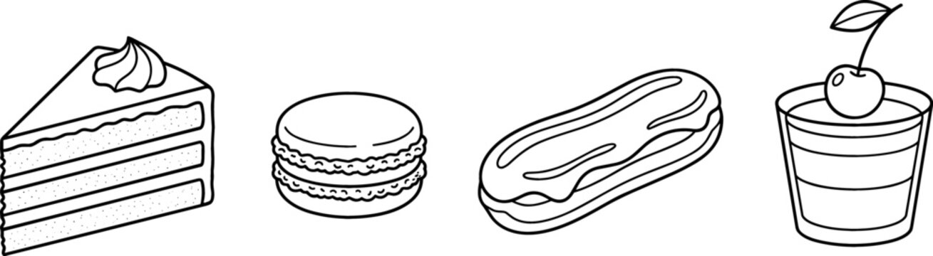 Sweet Bakery Pastry and Gourmet Dessert Line Art Icon Set with Cake Slice Macaron Eclair and Parfait Glass Vector Illustrations for Cafe Menus
