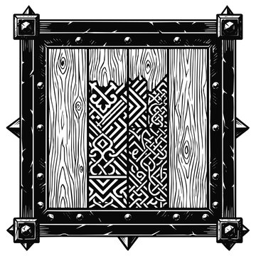 Detailed Celtic ornament on a wooden shield with spiked iron frame and Viking pattern elements in a hand-drawn medieval style