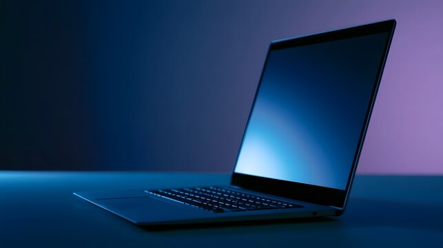 A sleek laptop computer rests on a dark surface illuminated by cool blue and purple ambient lighting
