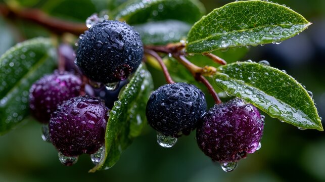 A branch with deep purple berries glistening with morning dew, macro detail.