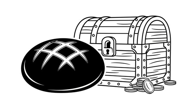Fresh loaf of bread beside overflowing wooden treasure chest.