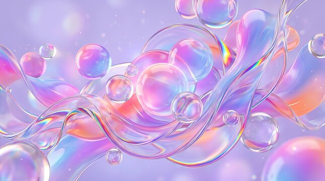 Vibrant iridescent bubbles floating on a soft purple background with rainbow hues