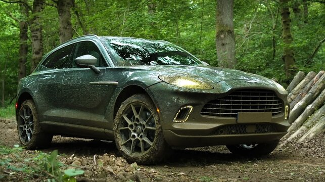 Aston Martin DBX, the English luxury SUV in the mud, car in the forest