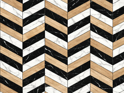 Print Seamless Luxury Marble Chevron Flooring &ndash; Elegant Calacatta, Nero Marquina, and Travertine Parquet Pattern