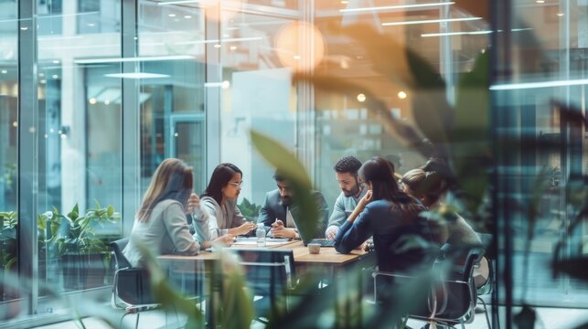 Colleagues collaborate during a professional business meeting inside a modern office with glass walls.