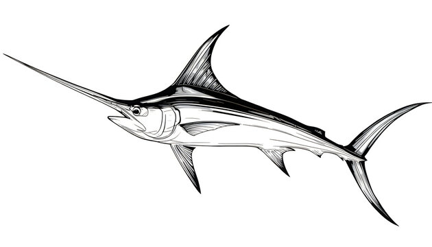 Black and white drawing of a swimming swordfish illustration
