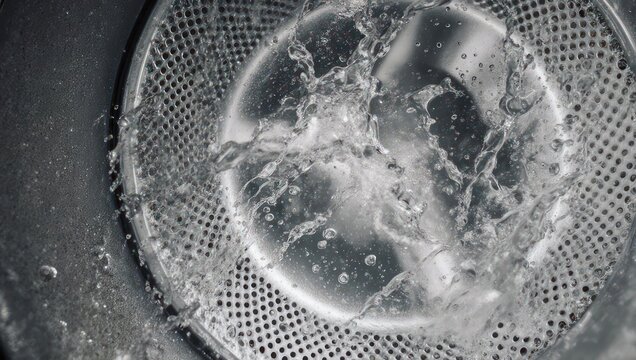 Top-down shot of a washing machine drum with water splashing inside, creating dynamic movement