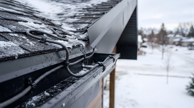 roof mounted snow melting gutter heating cable installed along residential rain gutter for winter ice dam prevention and roof protection