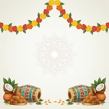Indian Festival Background with Mandala, Marigold Garland, Dhol, and Sweets