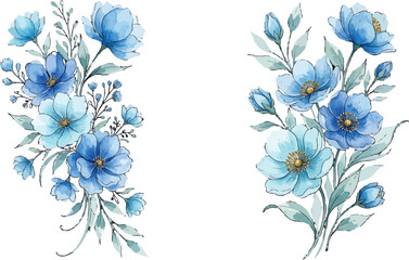 Fototapeta premium Blue watercolor floral arrangements with delicate petals and green leaves for wedding invitations and greeting card designs
