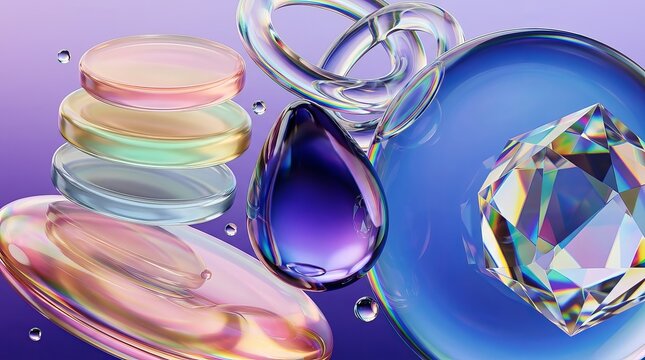 Vibrant 3d illustration of colorful glass and crystal objects on purple background