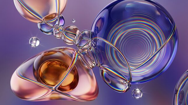 Vibrant iridescent glass spheres and bubbles on purple background