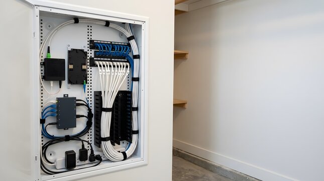 organized residential structured media cabinet with fiber internet networking equipment and neatly managed communication cabling