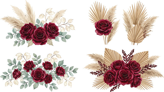 Watercolor floral arrangements with dark red roses and dried pampas grass for wedding invitations and stationery design