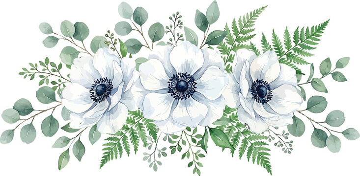 Watercolor floral arrangement with white anemone flowers eucalyptus leaves and green ferns for wedding invitation design