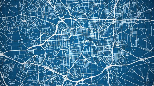 Ink reveal animation of Greensboro city, North Carolina (NC), United States of America, grid map. Aerial top view. Blueprint style. White lines with blue background. 4K Seamless loop.