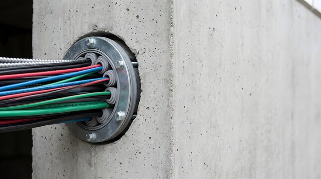 multi cable foundation penetration sealing system protecting underground electrical and communication utilities entering modern building