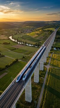 Two high-speed trains on a long viaduct over a scenic valley