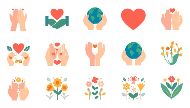 A collection of flat design icons depicting hands, hearts, earth, and flowers, symbolizing care, love, nature, and community support.