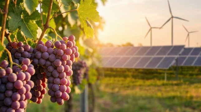 Grape vines thriving alongside renewable energy infrastructure in sustainable farming