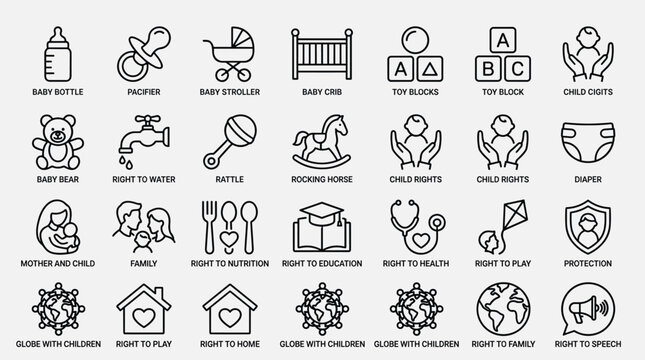 Baby care and children rights icons including toys nursery equipment family health education protection nutrition and global welfare symbols for infant support.
