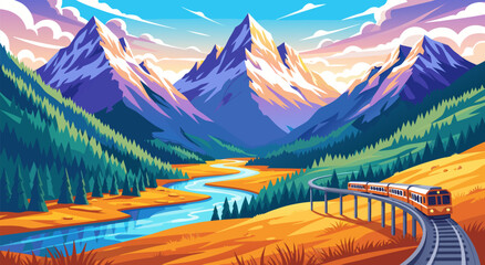Naklejka premium Scenic Mountain Landscape with Train Railway Vector Illustration for Creative Background Design and Nature Travel Concept Art