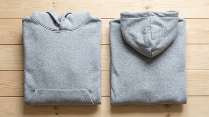 Fototapeta premium Two folded gray hooded sweatshirts are placed on a wooden surface side by side for display purposes.