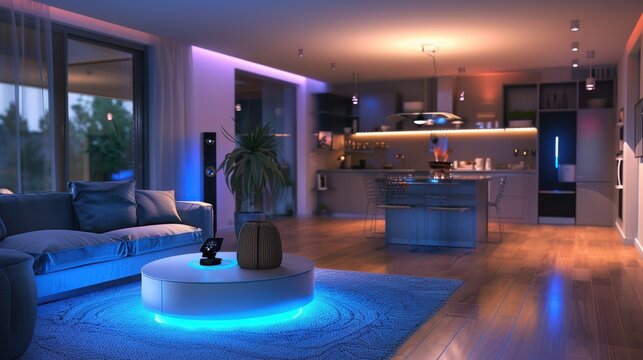 Modern living room features a circular coffee table with glowing blue under-lighting in a spacious open-plan apartment at night.