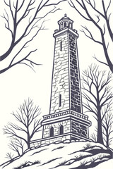 Obraz premium Tall stone lighthouse tower standing on a grassy hill surrounded by bare winter trees, black and white line landmark