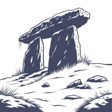 Ancient stone dolmen monument with large capstone on two upright rocks, grassy landscape, black and white line history