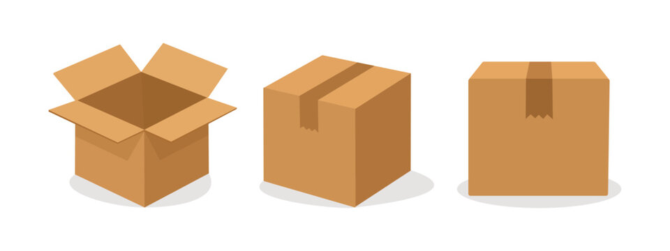 Cardboard Box Packaging Set Collection with Open  Closed and Sealed Shipping Boxes Vector Illustration