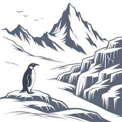 A solitary penguin standing on a small, snow-covered rock formation in front of massive, jagged mountain peaks in a cold, arctic winter setting © MST SAHIDA  BEGUM 