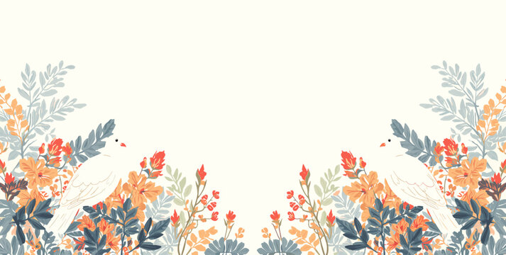 Symmetrical floral arrangement with two white doves amidst colorful flowers and leaves on a light background.