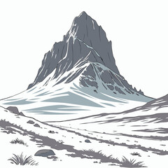 A of a sharp, snow-covered mountain peak rising above a frozen, rocky landscape with sparse vegetation in a flat style © MST SAHIDA  BEGUM 