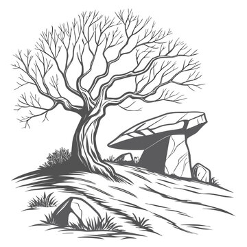 A gnarled leafless tree standing next to a large ancient stone dolmen on a grassy hill, illustrated in a clean line style for nature