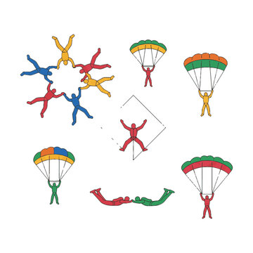 Stylized skydivers in freefall and with open parachutes, minimalist line art on white, adventure and extreme sport concept